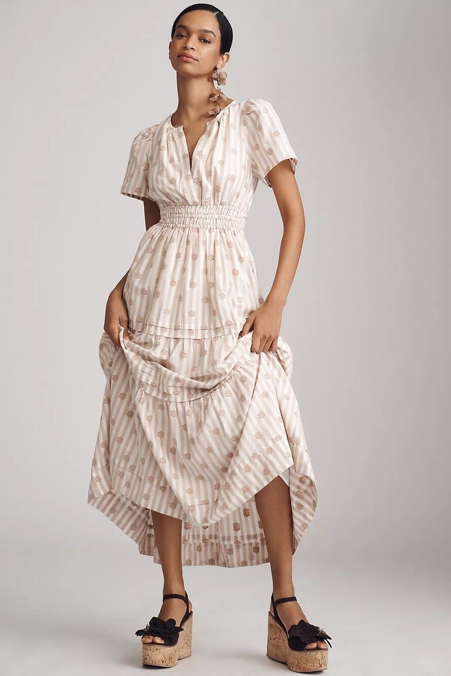 Anthropologie Somerset Tan & Cream Embroidered Floral Maxi Tiered Dress Medium